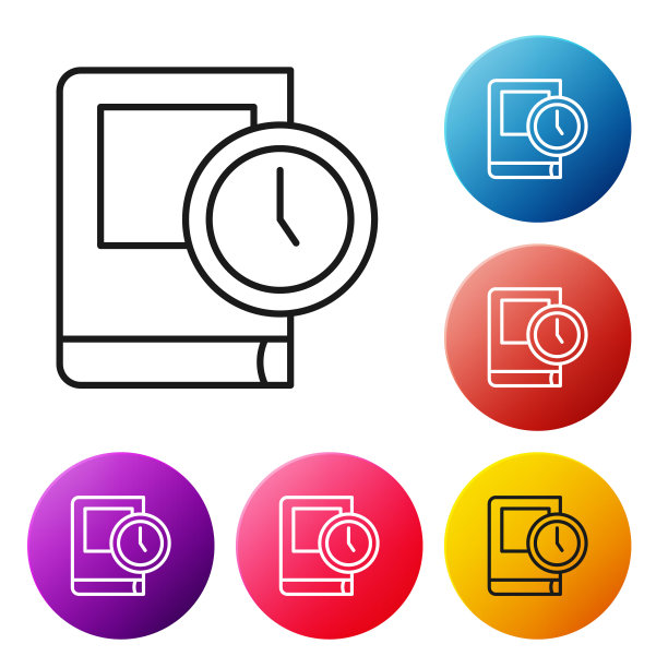 黑线书图标在白色背景上隔离的时间。设置图标彩色圆形按钮。向量图片下载