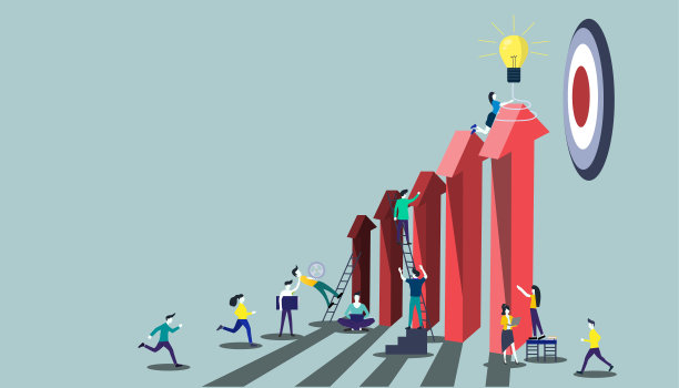 商人小队和女士跑向目标。平面设计创意现代设计理念和概念向量插图。图片下载