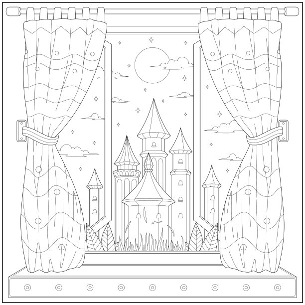 从门帘上俯瞰王国城堡的美景。学习和教育着色页插图的成人和儿童。轮廓风格，黑白画法。图片下载