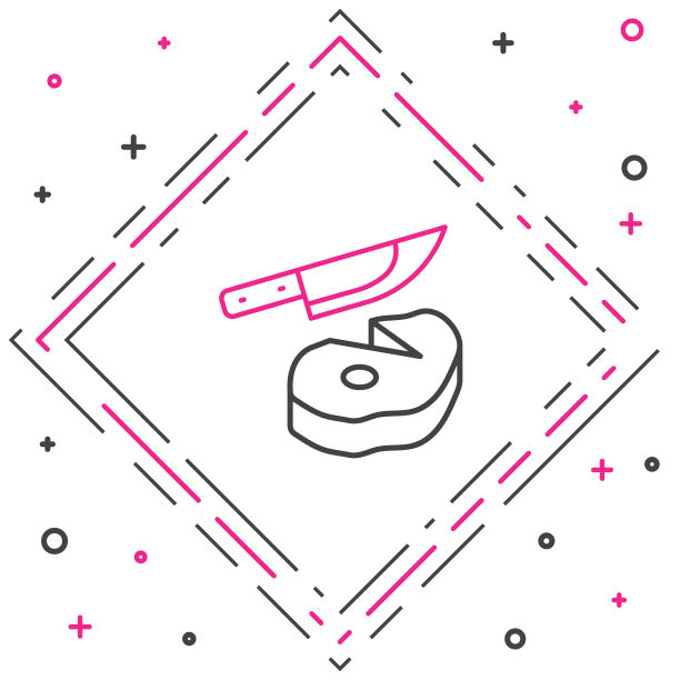 线牛排肉和刀的图标孤立在白色的背景。切肉。色彩斑斓的轮廓的概念。向量图片下载