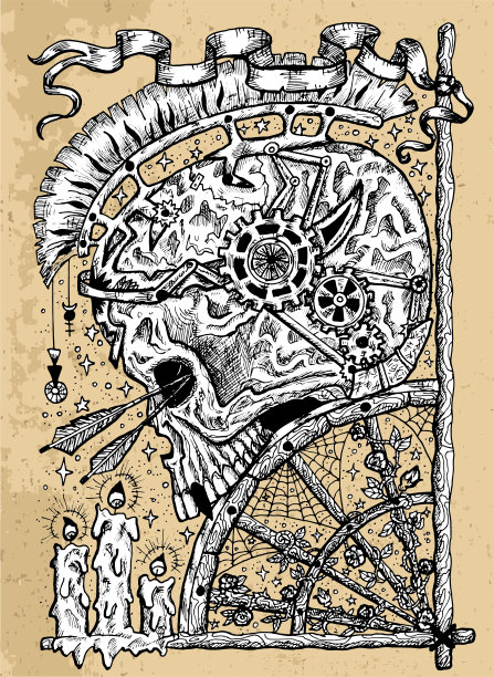 Grunge插图与战士的头骨，箭，燃烧的蜡烛和古老的车轮与鲜花和蜘蛛网。图片下载