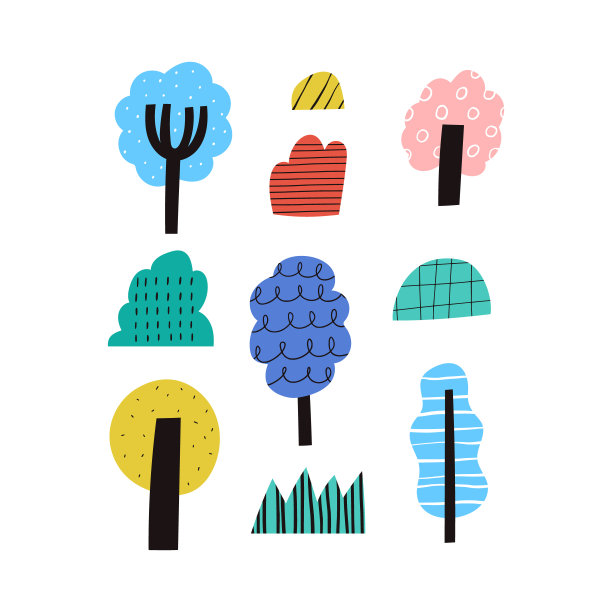 抽象的树木和灌木收集剪纸孤立在白色背景。手绘平面卡通森林植物集纹理，涂鸦图纸。可爱多彩的植物林地矢量插图图片下载