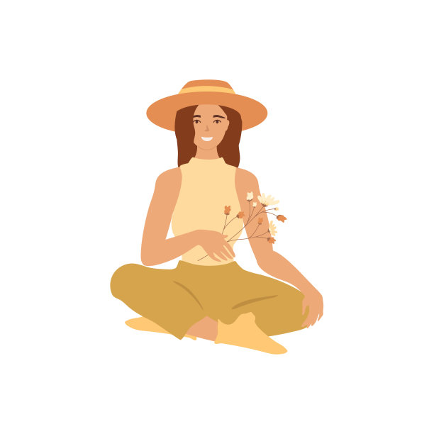 年轻女子坐在瑜伽姿势，手里拿着鲜花和树枝。图片下载