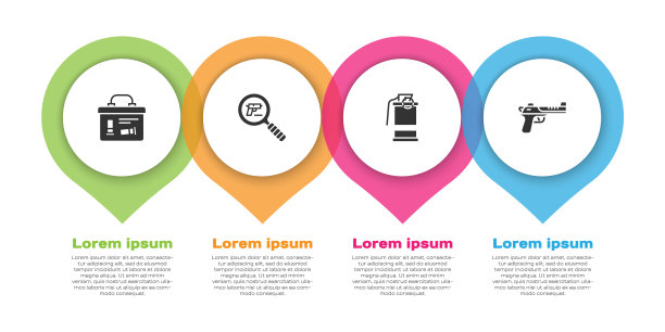 设置军用弹药箱，手枪或枪支搜索，手烟雾弹和沙漠鹰。业务信息模板。向量图片下载