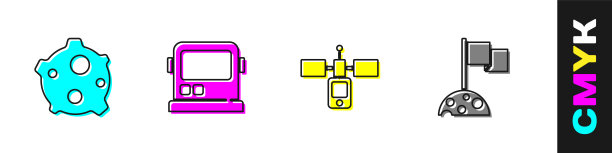 设置小行星，宇航员头盔，卫星和月球与旗帜图标。向量图片下载