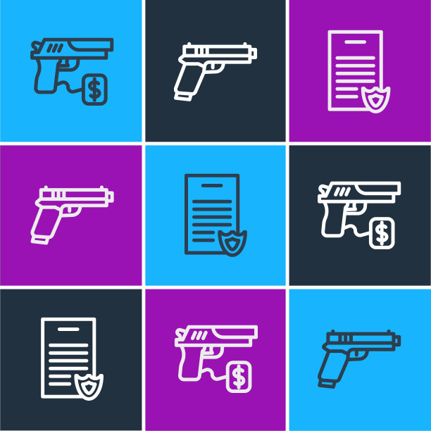 购买手枪、手枪执照证及手枪或图标。向量图片下载