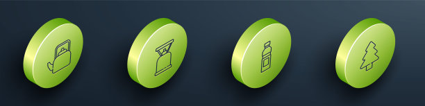 设置等距线水壶与把手，露营煤气炉，瓶子的水和森林图标。向量图片下载