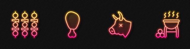 排架牛头，烤羊肉串，鸡腿，烧烤架。发光的霓虹灯图标。向量图片下载