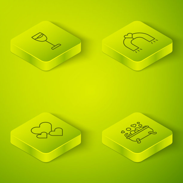 设置等距线爱情磁铁，心，浪漫在浴室和葡萄酒杯图标。向量图片下载