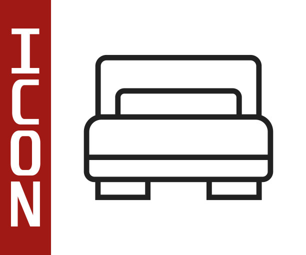 黑色线酒店房间床图标孤立在白色背景。向量图片下载