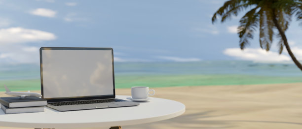 3D渲染，便携式工作空间与笔记本电脑，书籍和杯子在海的背景图片下载