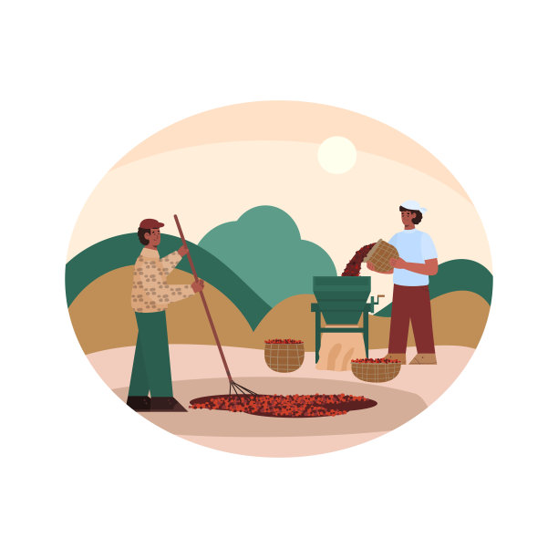 装饰横幅用农民加工咖啡，矢量插图孤立。图片下载