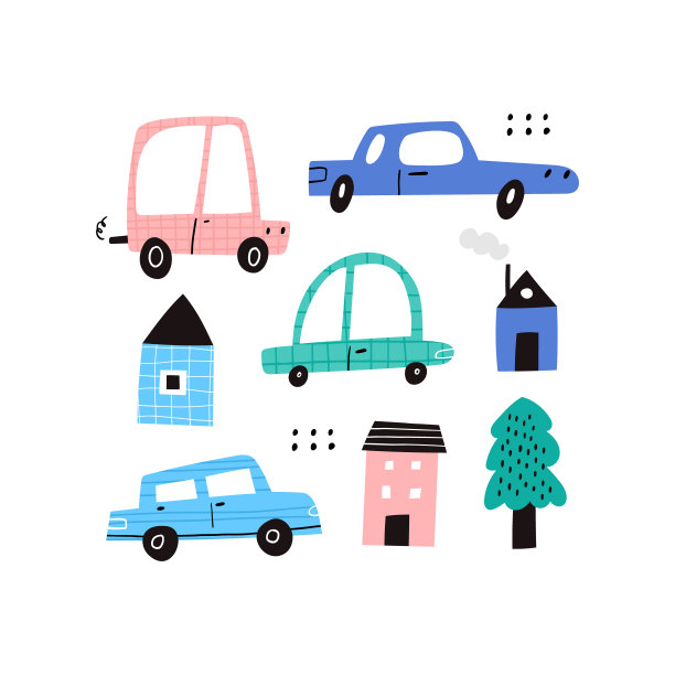 可爱的卡通汽车，房子和树收集剪贴画在白色的背景。手绘儿童汽车，建筑设置纹理和涂鸦画。草图城市平面矢量插图图片下载