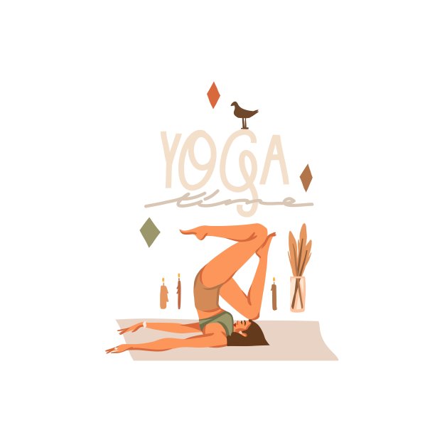 手绘矢量抽象股票图形波希米亚剪贴画插图与年轻快乐的美丽的女性角色，冥想和瑜伽练习者孤立在白色的背景图片下载