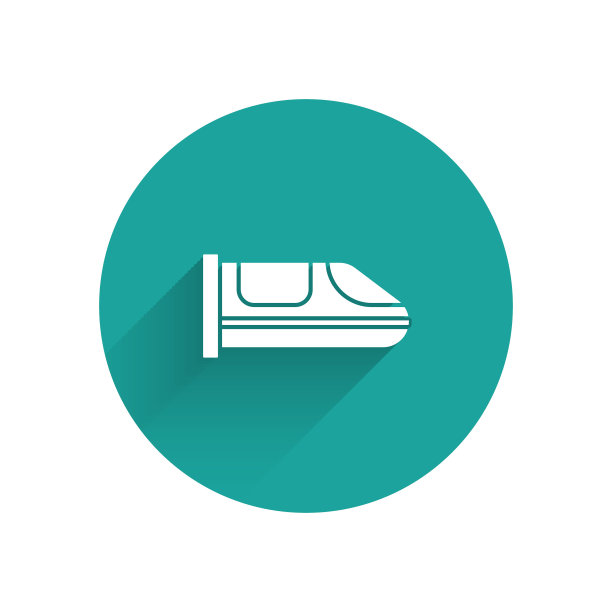 白色高速列车图标与长影子隔离。铁路旅游和铁路旅游。地铁或地铁流线型快速列车运输。绿色圆圈按钮。向量图片下载