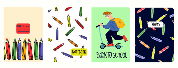 封面页矢量模板与学童骑滑板车的插图，铅笔组。标题隔离和可替换图片下载
