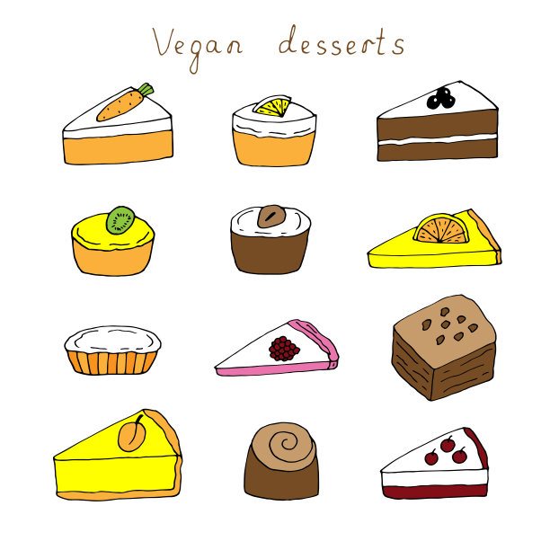 套蔬菜，水果和浆果素食甜点，矢量涂鸦插图，手绘，彩色图片下载