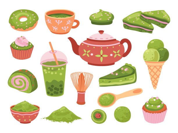 抹茶茶。健康的甜点，隔离美味的冰拿铁。有机绿叶亚洲饮料，冰沙，日本文化餐点精确矢量集图片下载