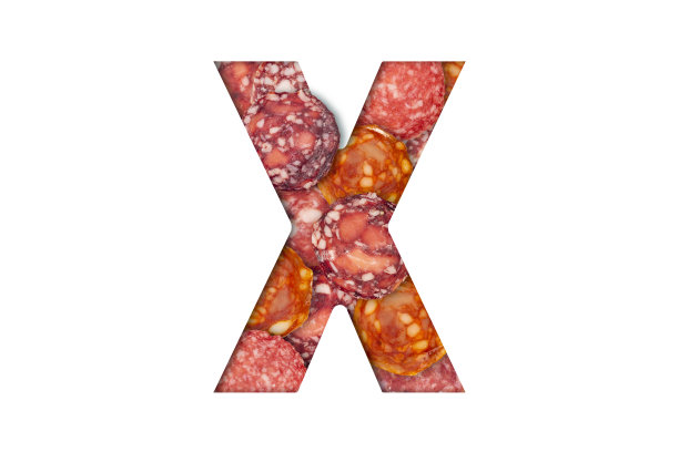 香肠字母孤立在白色背景。拉丁字母表的食物。香肠字母X。图片下载