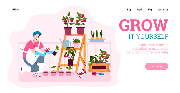 网站以男士在阳台花园种植植物，卡通矢量插图。图片下载