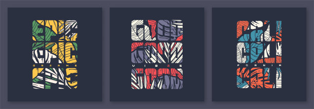 一套多彩的热带矢量t恤设计，海报，印刷品，标签图片下载