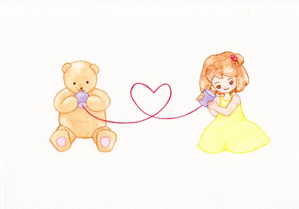 女孩和玩具熊通过电话线说“我爱你”。水彩插图。图片下载