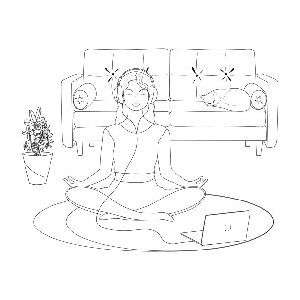 一个黑色的线性的。莲花姿势的年轻女子。瑜伽课。戴耳机的女孩。一台笔记本电脑。一个有沙发的房间。向量图片下载