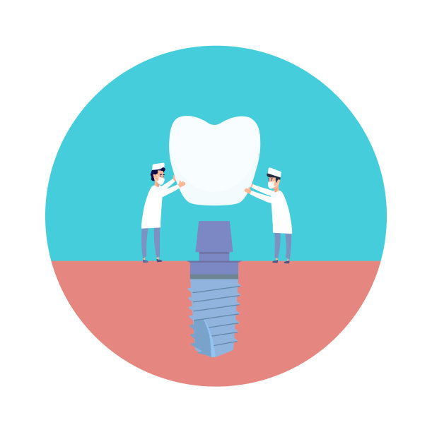 两名牙医进行种植:将种植体安装在基台上。矢量插图，在一个平坦的风格。诊所的海报，牙医指南的图片，培训书籍。图片下载