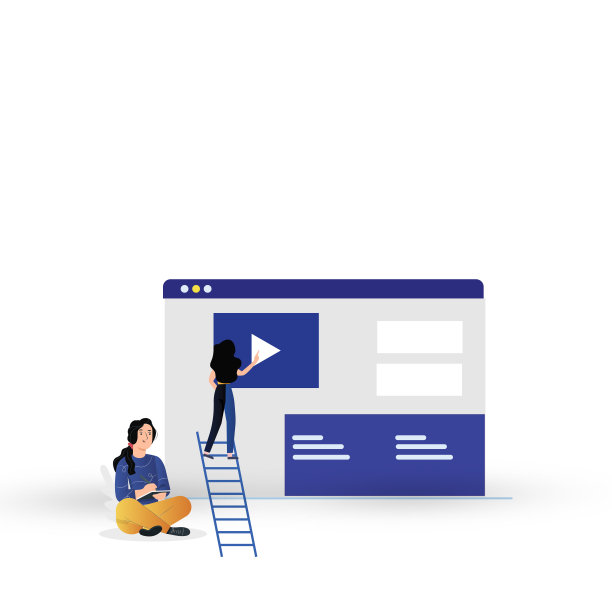 他穿着蓝色衬衫和橙色裤子的女孩在网上看视频，而另一个女孩正在拿梯子和播放视频。图片下载