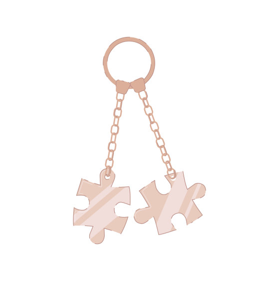 钥匙链与拼图碎片上孤立的白色图片下载