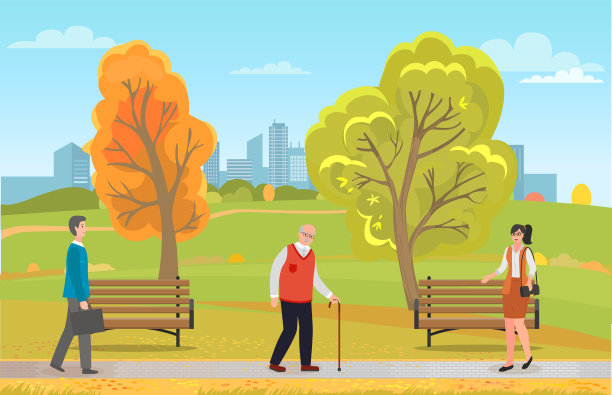 不同的人走在秋天公园的户外，城市公园，建筑的背景，享受自然图片下载