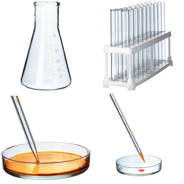 白色背景上的实验室玻璃器皿拼贴画图片下载