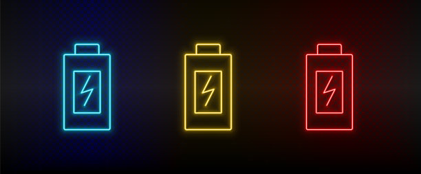霓虹灯图标设置电池，充电。设置红、蓝、黄霓虹灯矢量图标图片下载