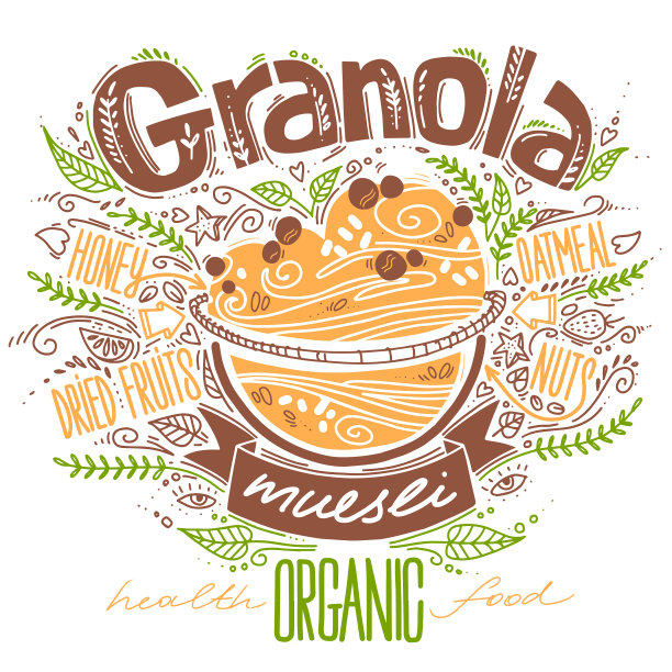 涂鸦风格的格兰诺拉麦片，白色字体图片下载