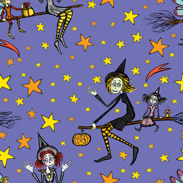 无缝图案的女巫飞在扫帚上在万圣节之夜图片下载