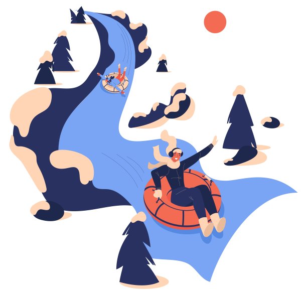 油管人快乐骑甜甜圈。用蓝色和米色的树木和石头绘制的冬季活动场景。白雪皑皑的风景孤立在白色图片下载