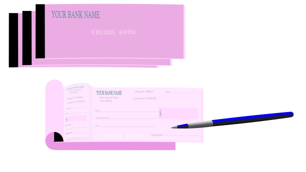 粉红色支票簿，黑色和蓝色钢笔颜色，白色背景图片下载