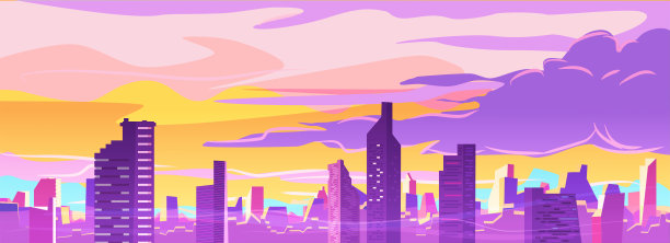 全景商业大厦城市景观在日落的天空，插图。图片下载