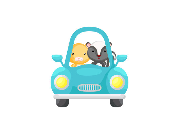 可爱的小仓鼠和臭鼬开着蓝绿色的车。卡通人物为儿童书籍，相册，婴儿淋浴，贺卡，派对邀请，房子内部。矢量插图。图片下载