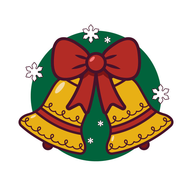 金色的圣诞钟声，红色的蝴蝶结和雪花。节日装饰的象征。图片下载