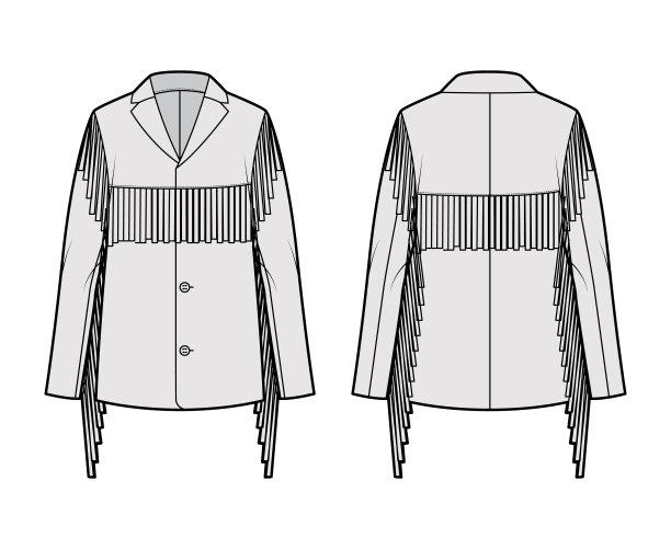 西方夹克技术时尚插图，流苏，超大，长袖，缺口领，钮扣开口。平图片下载