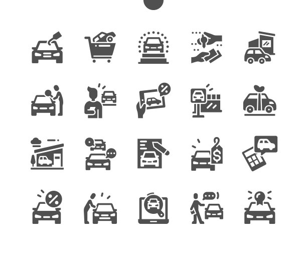 汽车商店。新车。购买协议。网上汽车店。展厅，购物，采购，付款，购买，销售和商店。矢量图标。简单的象形图图片下载