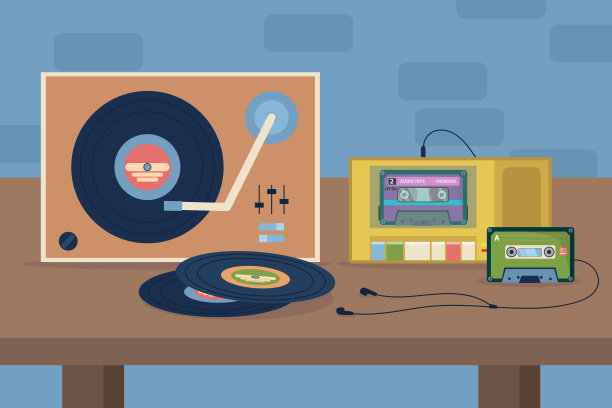 桌子上的插图上有带耳机的黑胶和盒式录音机图片下载