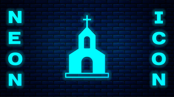 发光的霓虹灯教堂建筑图标孤立在砖墙背景上。基督教教堂。宗教的教堂。向量图片下载