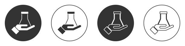黑色试管和烧瓶化学实验室测试图标隔离在白色背景上。实验室玻璃器皿。圆按钮。向量图片下载