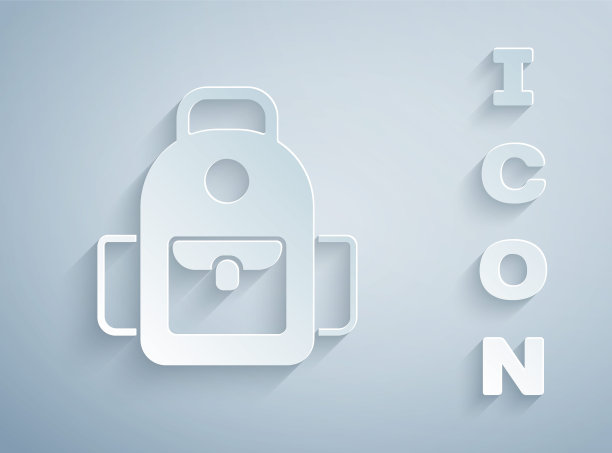 剪纸学校背包图标孤立在灰色背景。纸艺术风格。向量图片下载