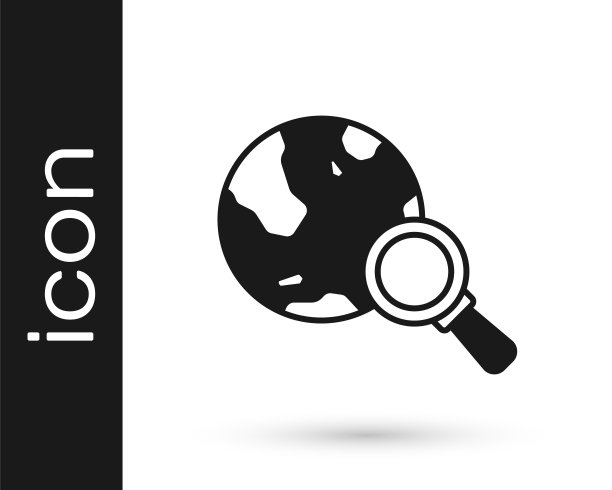 黑色放大镜与地球仪图标孤立在白色背景。分析了世界。全球搜索信号。向量图片下载