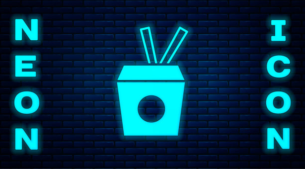 发光的霓虹灯亚洲面条在纸盒和筷子图标孤立在砖墙背景。街头快餐。韩国菜，日本菜，中餐。向量图片下载