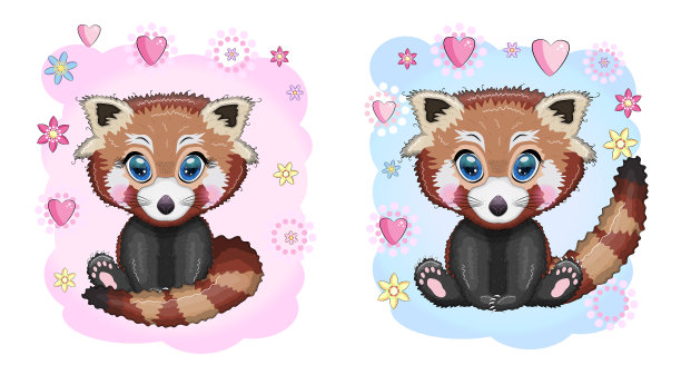 两只可爱的卡通红熊猫，长着漂亮的眼睛图片下载