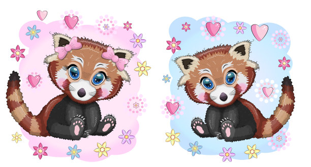 两只可爱的卡通红熊猫，长着漂亮的眼睛图片下载